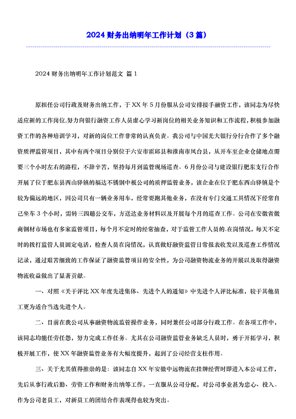 2024財務出納明年工作計劃（3篇）